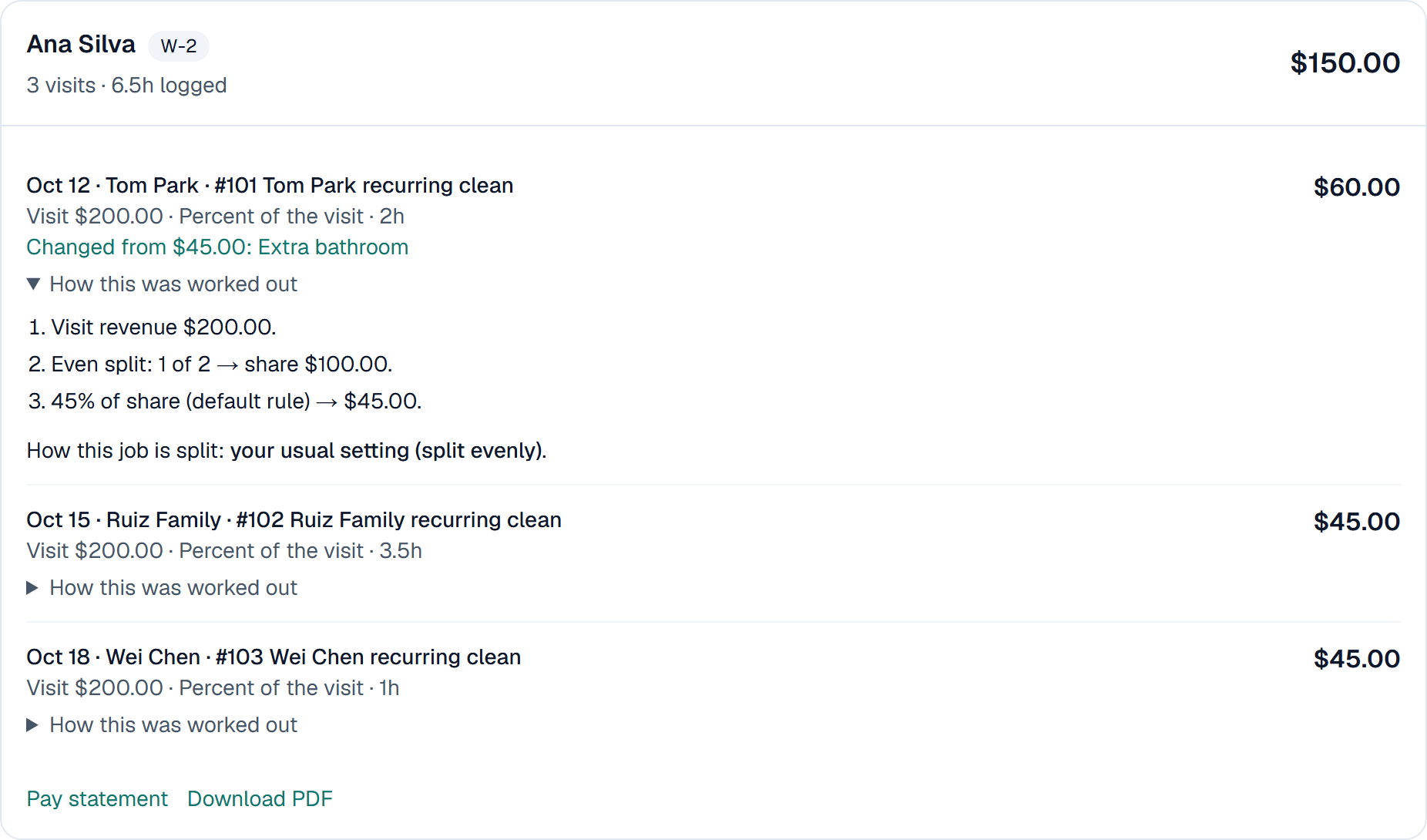 A visit split evenly between two cleaners, with each step of the math shown
